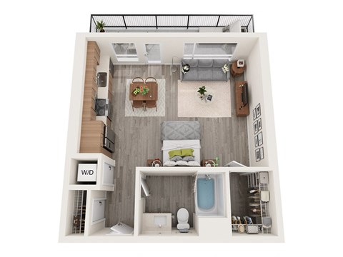 A top-down view of a small apartment with a kitchen, living room, and bathroom.